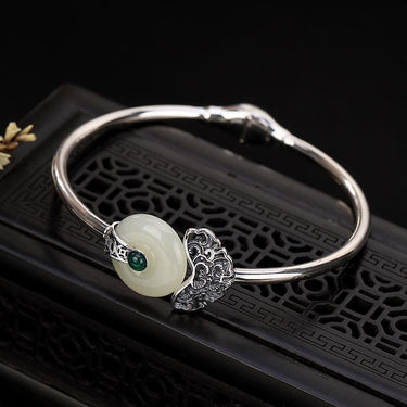 THAI SILVER Hetian Jade Circle & Ruyi Lock Bangle